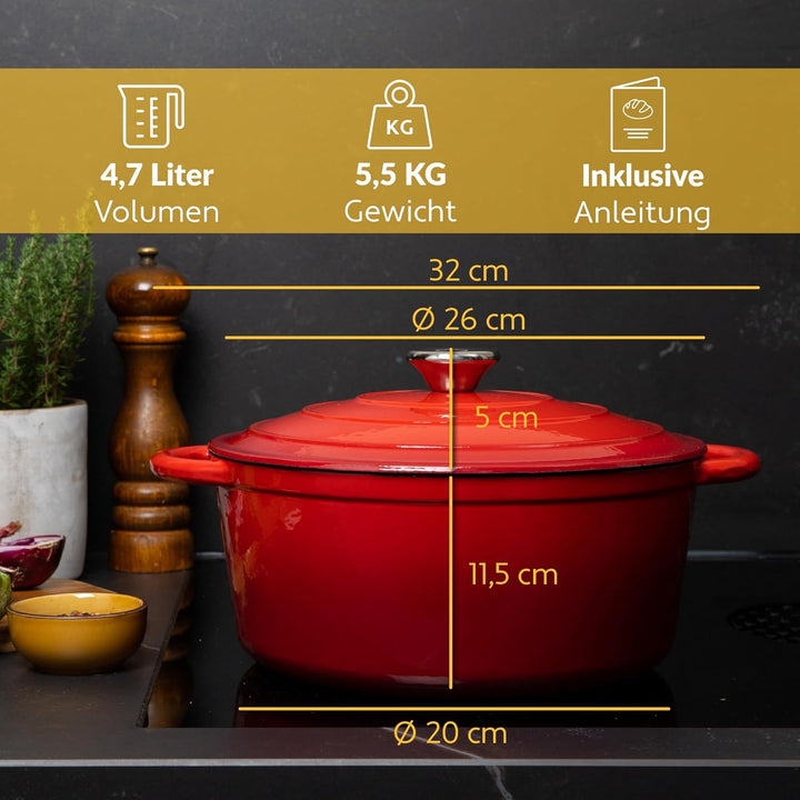 Gusseisen Topf 26 cm 4,7 L emailliert - Schmortopf mit Deckel Induktion - Gusseisen Bräter Topf Brot