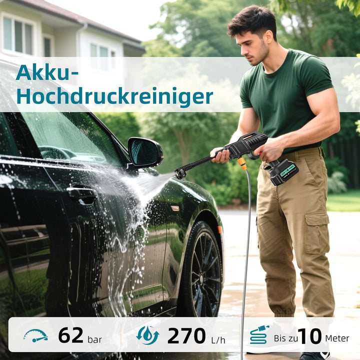 Akku Hochdruckreiniger, 100bar Pressure Washer, Mobiler Hochdruckreiniger Mit 6-IN-1 Düse, 5M Schlau