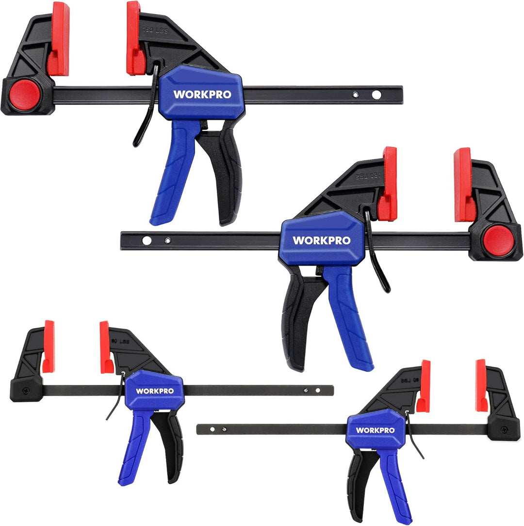 WORKPRO Einhandzwingen Set 4 Stück Schraubzwingen Spanner, Spannweite 120mm/150mm, Dehnbereich 200mm