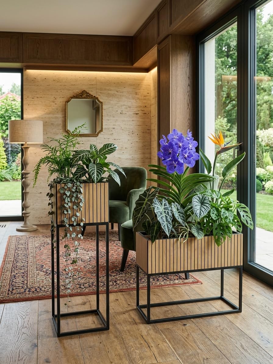 FLEXISTYLE Pflanzenständer LOFT FIORINO Metall Eiche Holz Lamelle Blumenständer Schwarz Blumentopf m