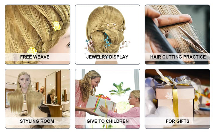 Übungskopf mit Kunsthaar, 71,1 cm, Profi-Übungskopf für Friseurpuppe, Kopf mit Tischklemme 06G-27, 0