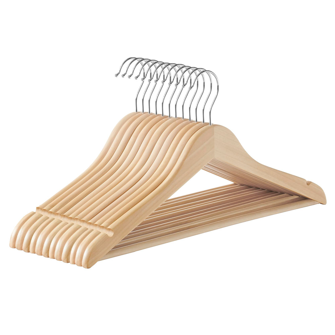 SONGMICS Kleiderbügel Holz, 12er Set Bügel, Holzbügel, Einkerbungen im Schulterbereich, Hosensteg, H