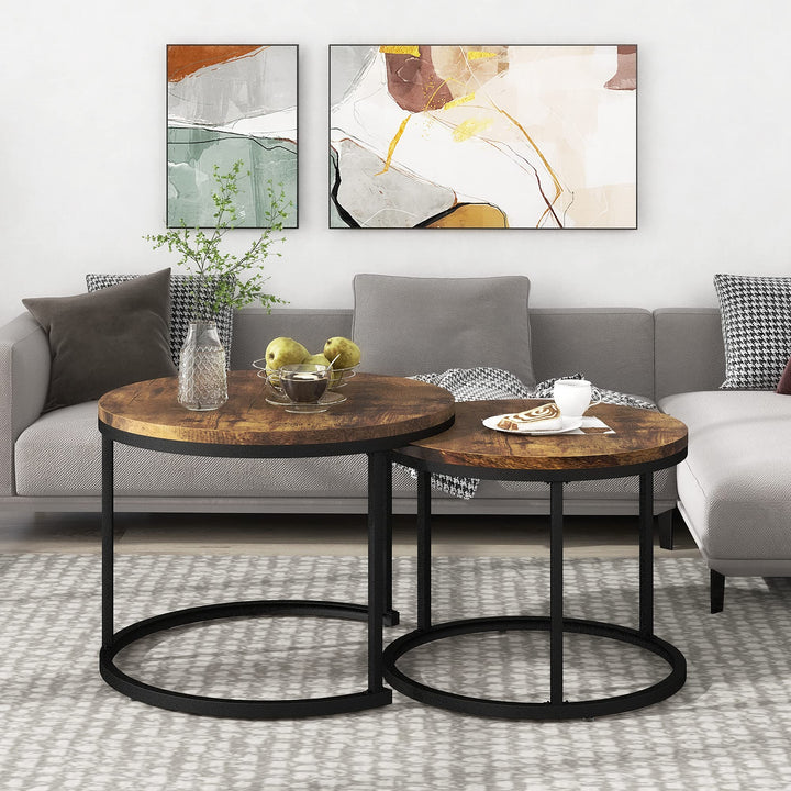 Merax Rund Couchtisch Set, 2-in-1 Nesting Couchtisch Satztisch, Metallgestell, für Wohnzimmer, Balko