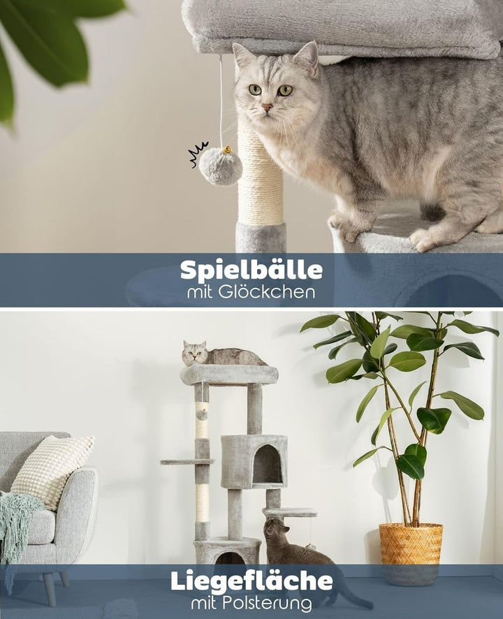lionto Kratzbaum für Katzen mit 2 Plüschbällen inkl. Glöckchen, Höhe 115 cm, Katzenbaum mit Sisalsei