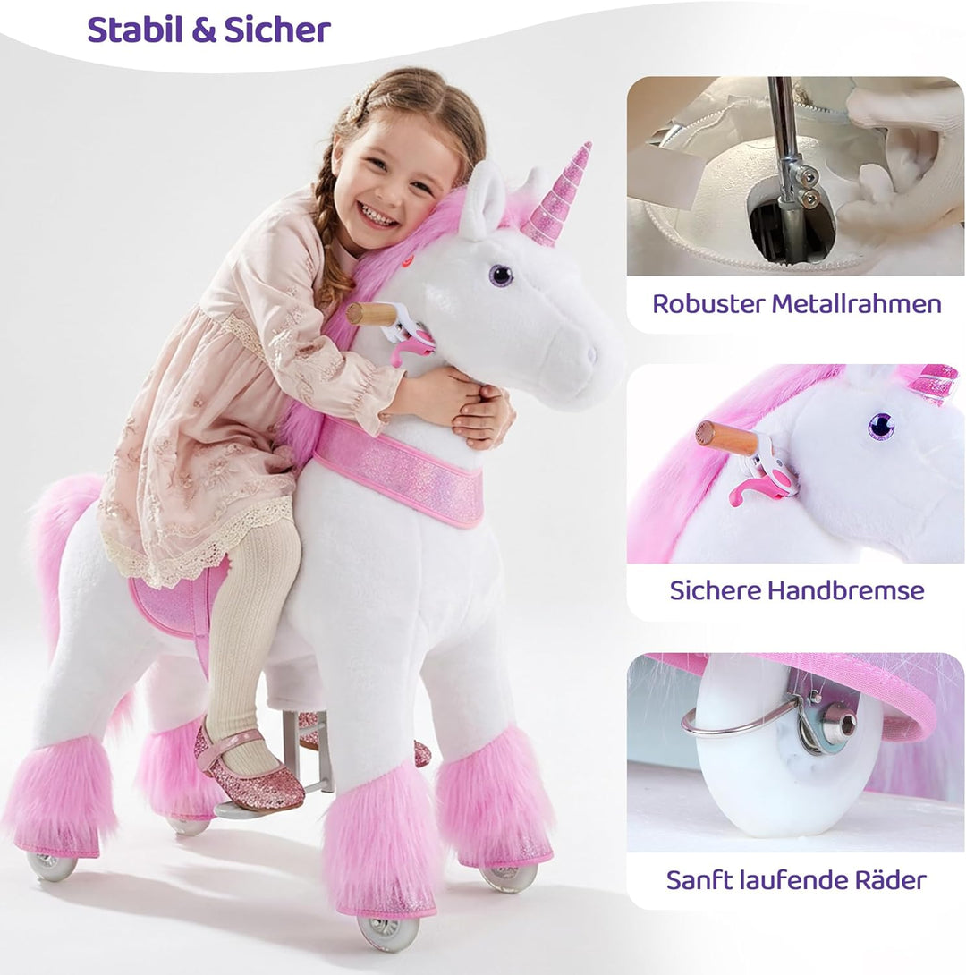 PonyCycle Einhorn zum Reiten, für Erwachsene/Kinder ab 7, 76cm Hoch, Einhorn auf Rollen mit Handbrem