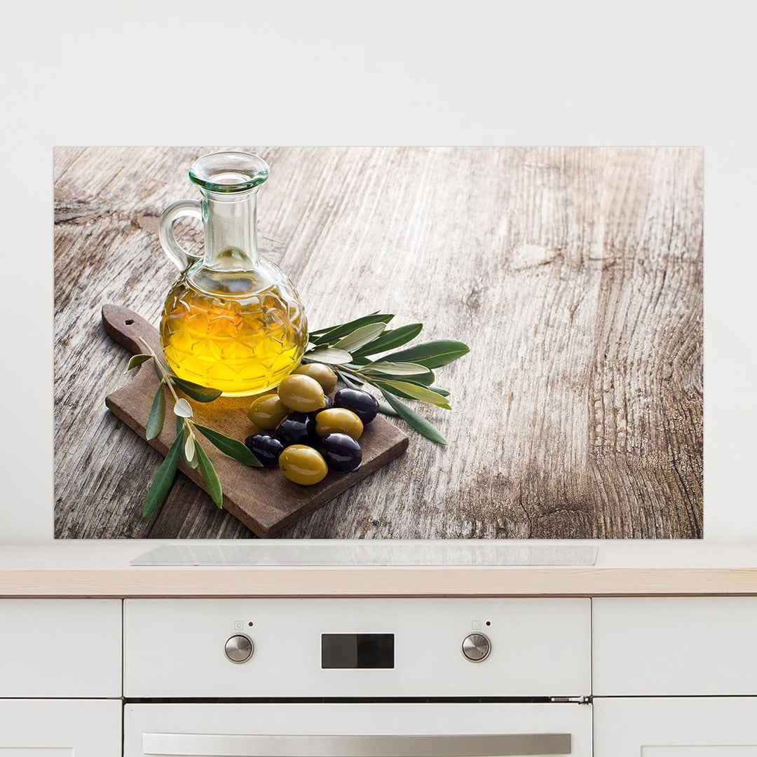 GRAZDesign Spritzschutz Küchenrückwand Glas Küche für Herd & Küchenspüle, Holzoptik mit Oliven | Gla