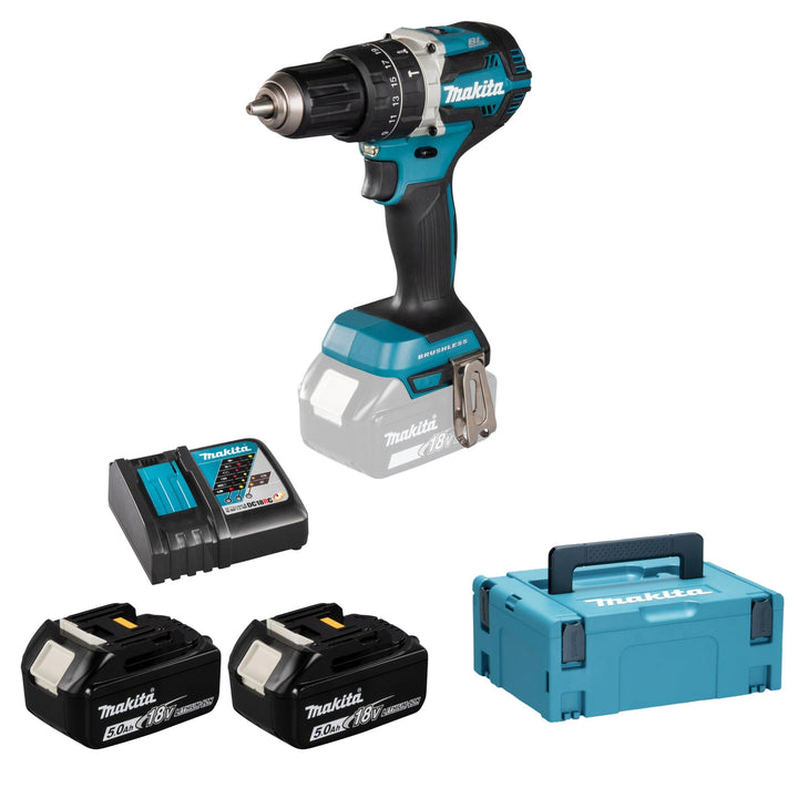 Makita DHP484RTJ Akku-Schlagschrauber 18V / 5,0Ah, 2 Akkus, Ladegerät im MAKPAC, 450 W, 18 V, Blau,