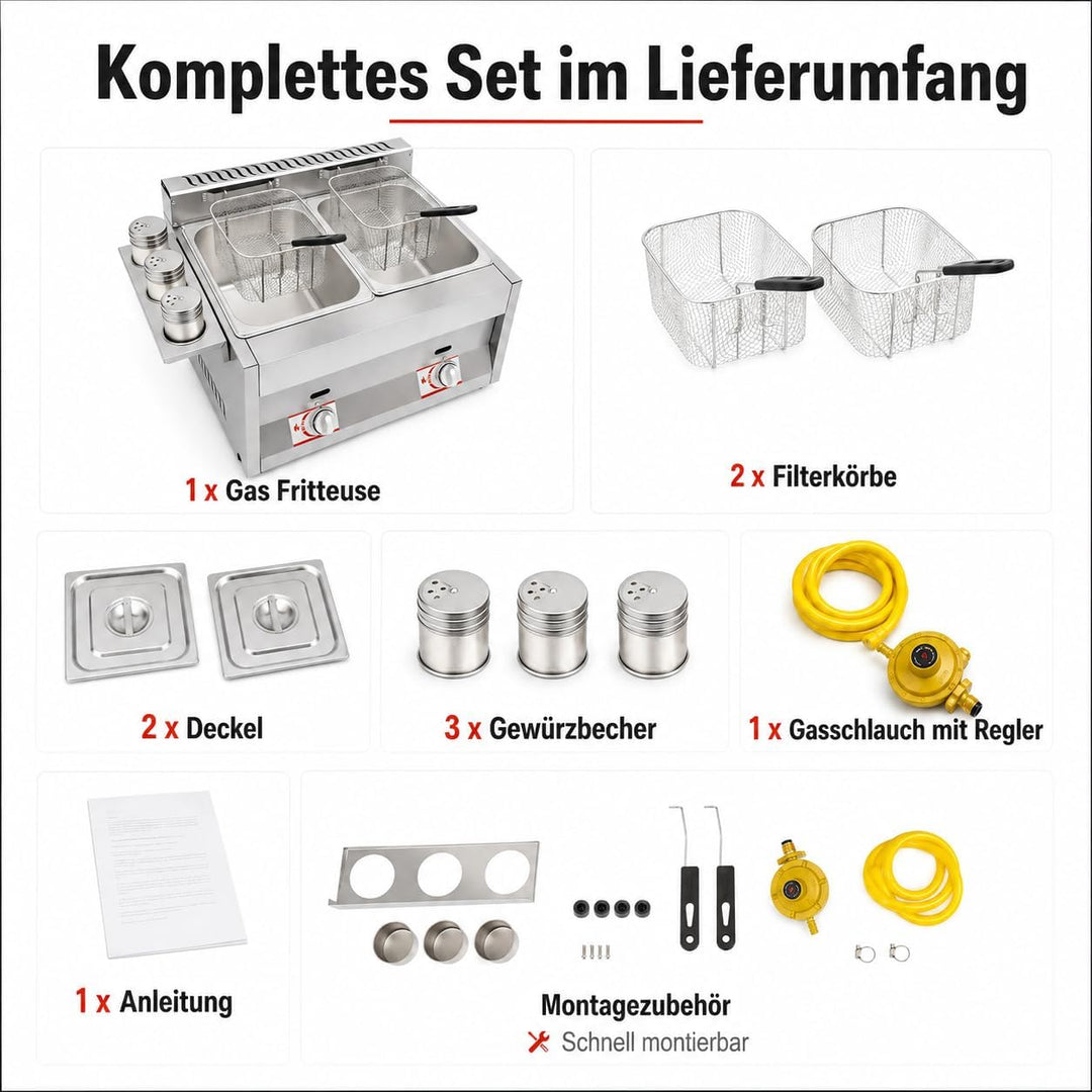 Gas Fritteuse, Doppeltank 2x6L, 50-380°C, Edelstahl, Gastronomie | 430 Edelstahl,genietet,LPG,Deckel