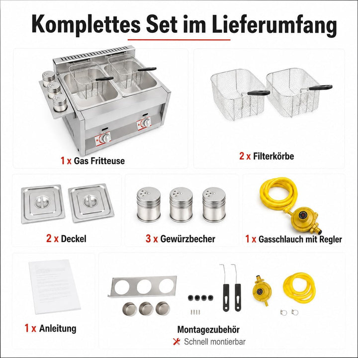Gas Fritteuse, Doppeltank 2x6L, 50-380°C, Edelstahl, Gastronomie | 430 Edelstahl,genietet,LPG,Deckel
