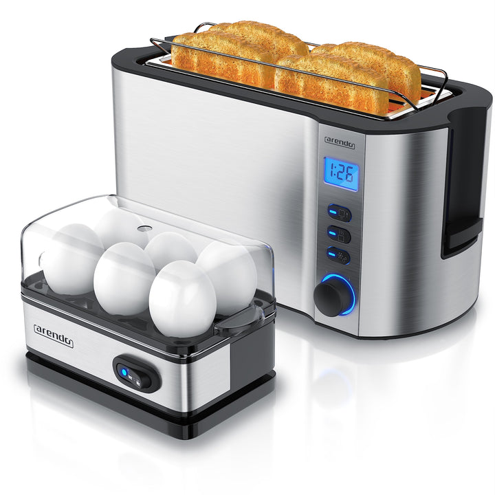 Arendo - SET Toaster MANHA mit Eierkocher SIXCOOK Edelstahl Silber, Toaster 4 Scheiben LED-Display 6