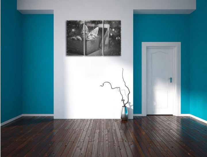 Pixxprint süsses Kätzchen in der Box Kunst Kohle Effekt 3-Teiler Leinwandbild 120x80 Bild auf Leinwa