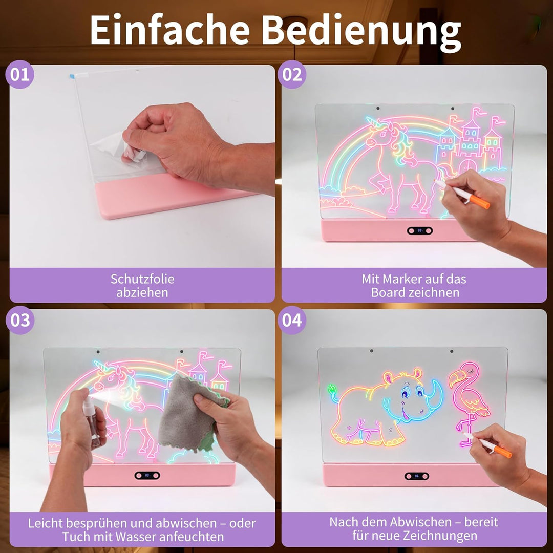 LED Zeichenbrett mit digitaler Akkuanzeige – 35x26cm Acryl Maltafel (Pink) mit 8 Farben & 7 Neon-Sti