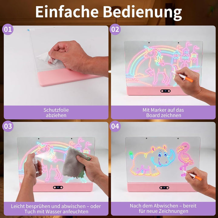 LED Zeichenbrett mit digitaler Akkuanzeige – 35x26cm Acryl Maltafel (Pink) mit 8 Farben & 7 Neon-Sti