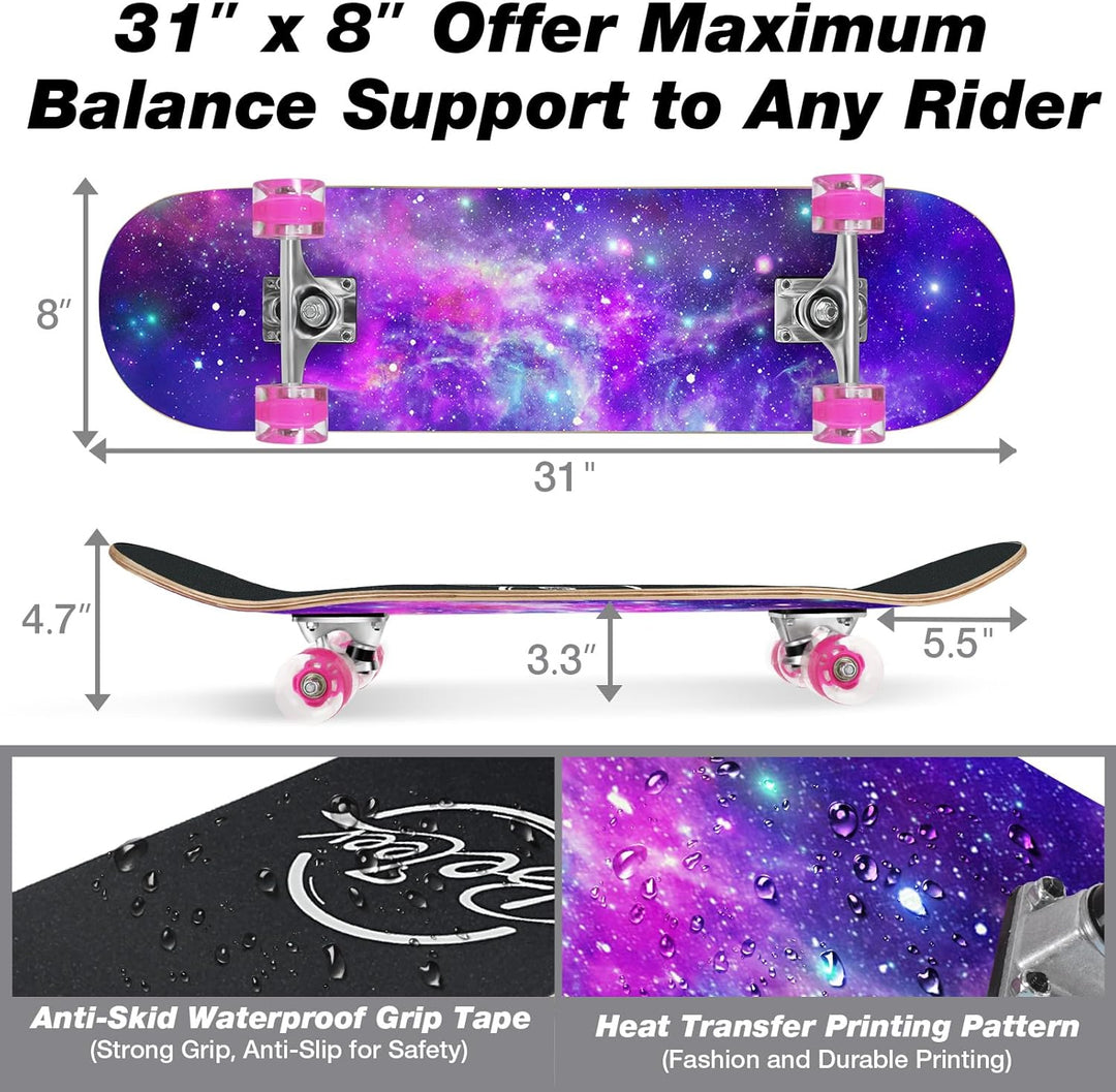BELEEV Skateboard 31x8 Zoll Komplette Cruiser Skateboard für Kinder Jugendliche Erwachsene, 7-Lagige