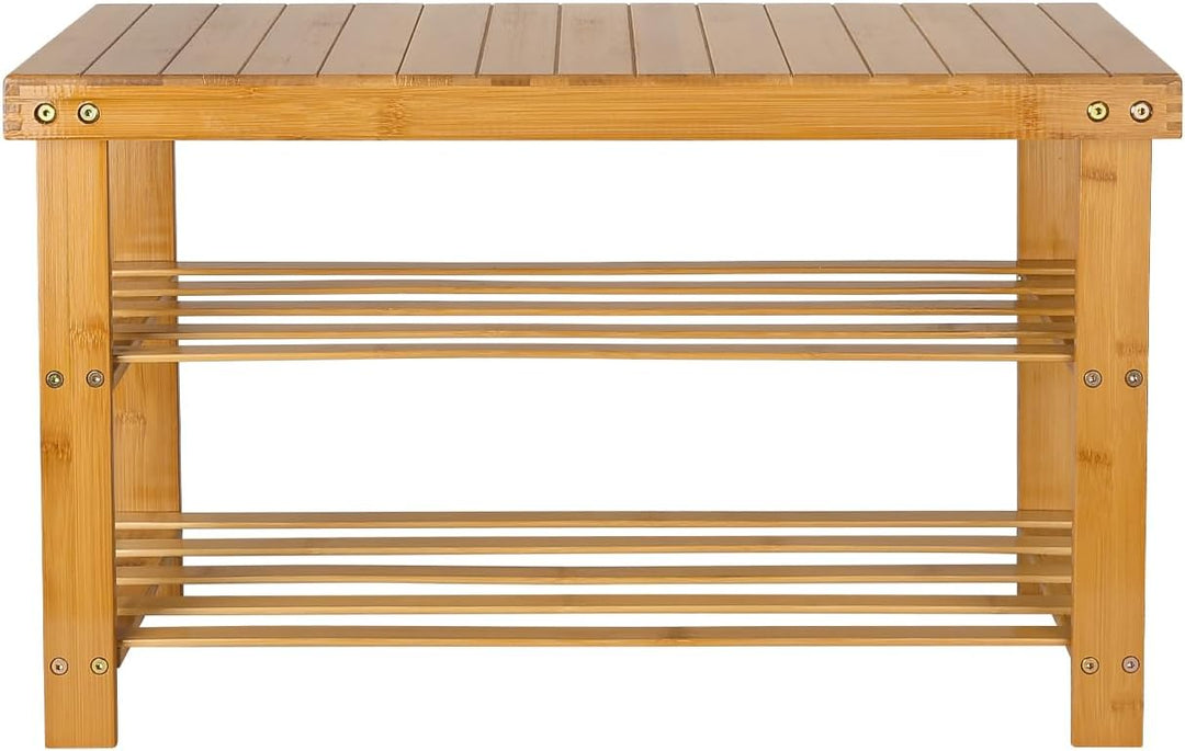 LANTUS Schuhregal, Schuhschrank mit Sitzbank, Bambus Schuhbank mit 3 Ablagen, ideal für Flur, Bad, W