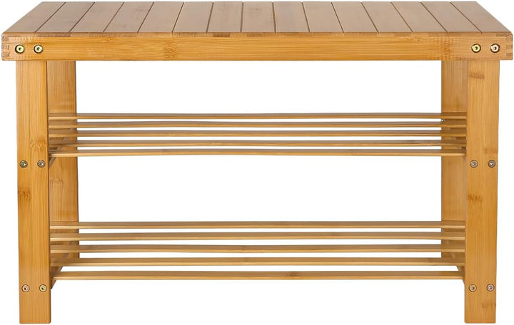 LANTUS Schuhregal, Schuhschrank mit Sitzbank, Bambus Schuhbank mit 3 Ablagen, ideal für Flur, Bad, W