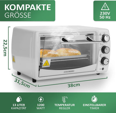 Mini Backofen 13 Liter | 1200 Watt | Pizzaofen | 65°-230°C | Timer | aufklappbares Krümelblech | Min