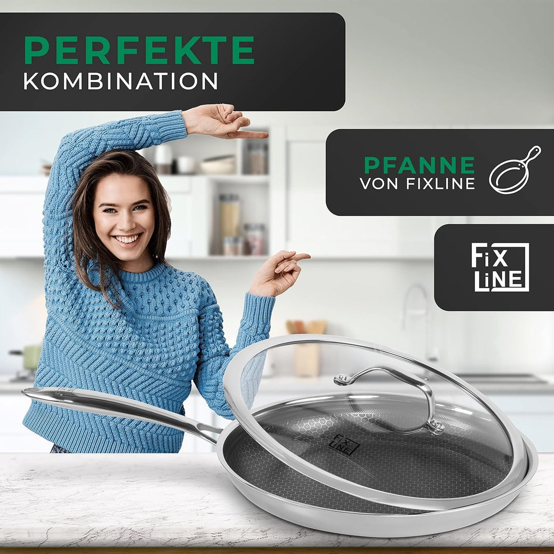 FIXLINE® Glasdeckel 28cm – Universal Topfdeckel aus gehärtetem Glas mit Dampfauslass & Edelstahlrand