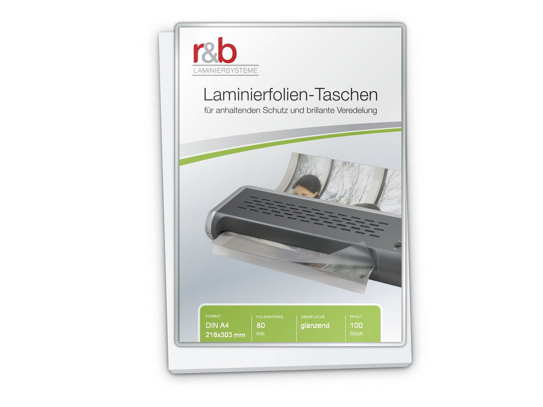 r&b FT-A4-80S Laminierfolien A4, 216 x 303 mm, 2 x 80 mic mit selbstklebend Rückseite, 100 Stück, gl