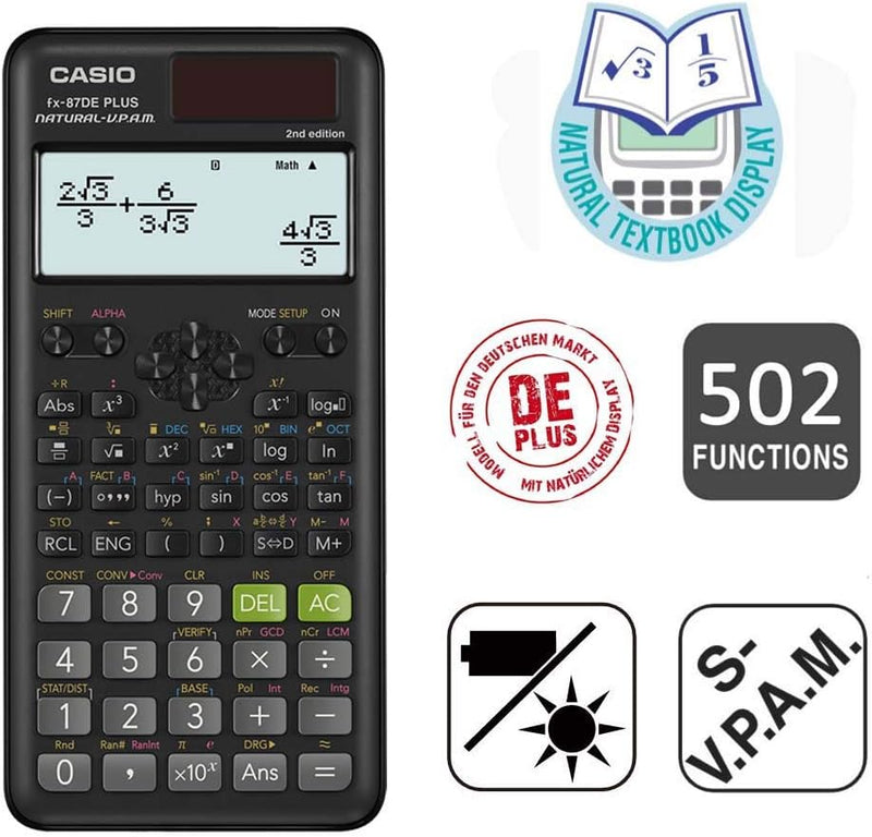 Casio FX-87DE Plus-2 Wissenschaftlich-Technischer Schulrechner, Schwarz Taschenrechner, Taschenrechn