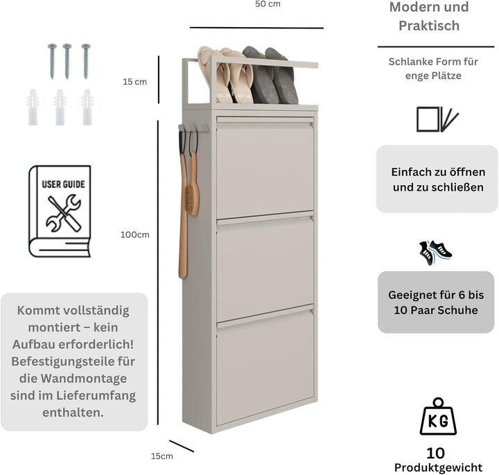 furni24 Schuhschrank Schmal – Platzsparender Metall-Schuhschrank mit Magnetklappen, Platz für 6-10 P