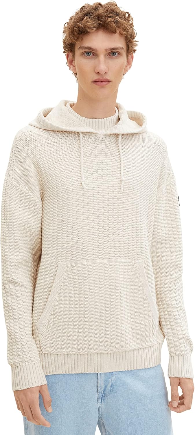 TOM TAILOR Denim Herren Kapuzenpullover mit Rippstruktur S 28225 - Cold Beige Melange, S 28225 - Col