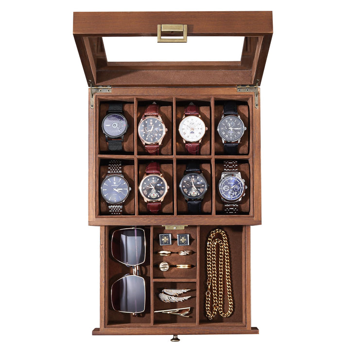 ProCase Uhrenbox mit 8 Fächern, Uhrenkasten Uhrenkoffer mit Glasdeckel Uhrenkissen, Uhrenschatulle f