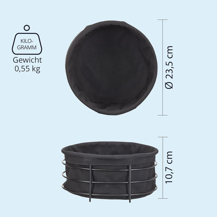 KHG Brotkorb aus Metall mit Stoffeinsatz in schwarz, rund 23,5 cm, Brötchenkorb aus Edelstahl, Stoff