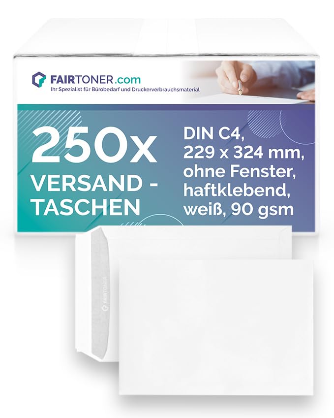 Versandtasche C4 (250 Stück Umschläge) Haftklebende Versandtaschen weiss 90gsm, mit Innendruck,ohne
