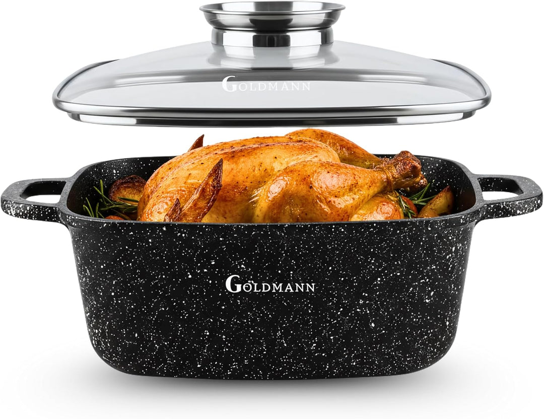 Goldmann 24cm Quadratischer Alu-Guss Bräter (4.5L), Glasdeckel, Keramik, Induktion, Aromaknopf, PFOA