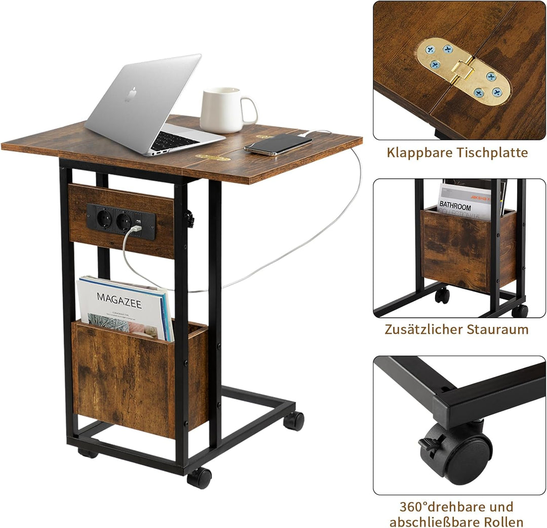Hadulcet Beistelltisch Couch, Beistelltisch c Form, klappbare Tischplatte, Laptoptisch mit Rollen, L