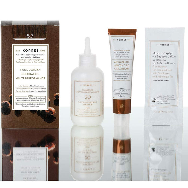 KORRES Argan Oil Colorant – ammoniakfreie Haarfarbe Schokobraun hell 5.7 – 100% Grauhaarabdeckung &