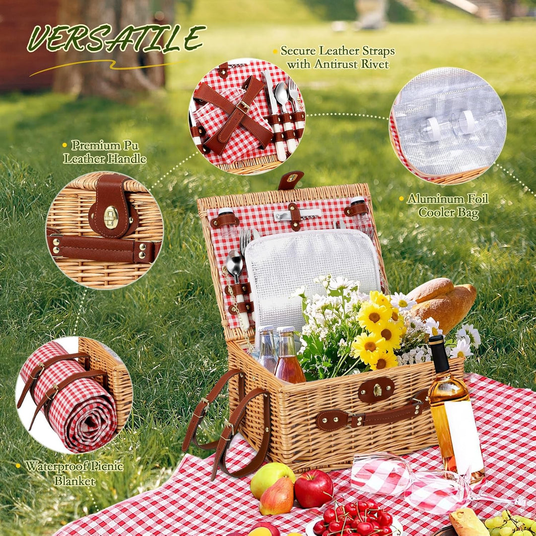 Weidenkorb für 4 Personen, Vintage Picknickkorb Set, mit Kühlfach, Wasserdichter Decke, Tellern, Glä