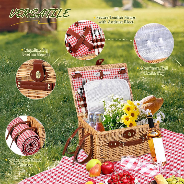 Weidenkorb für 4 Personen, Vintage Picknickkorb Set, mit Kühlfach, Wasserdichter Decke, Tellern, Glä