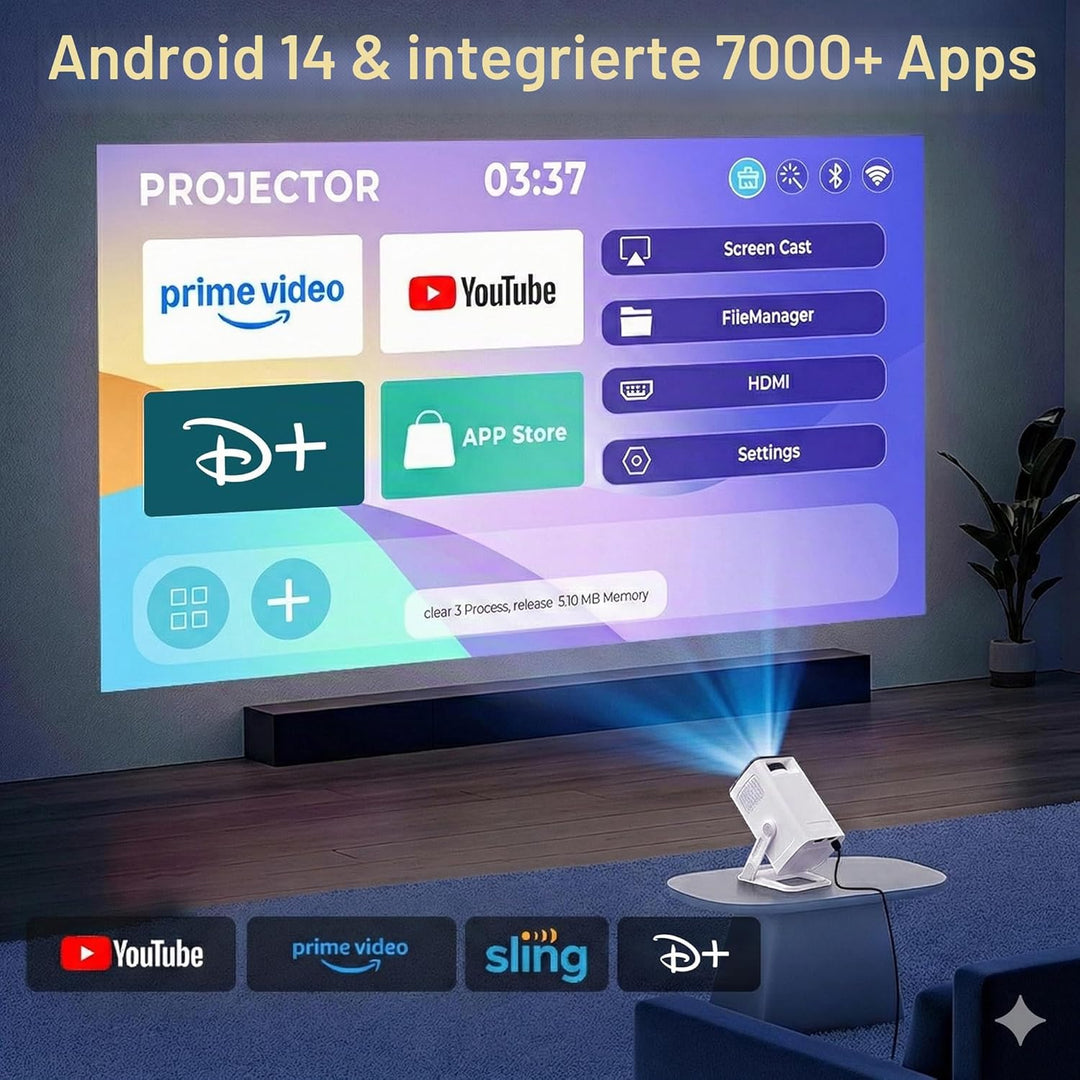 4K 1080P unterstützt Mini Beamer mit Android 11 OS Klein Projektor mit WiFi 6 Bluetooth 5.4, 270° Dr