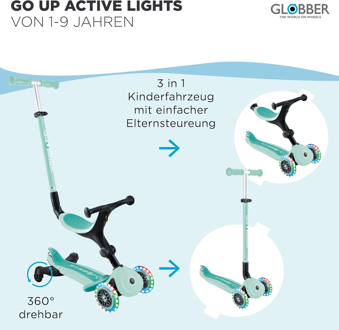 Globber Go Up Active Beleuchtung, 360 Grad, Evolutionärer Roller mit Sitz und Lichtern für Kleinkind