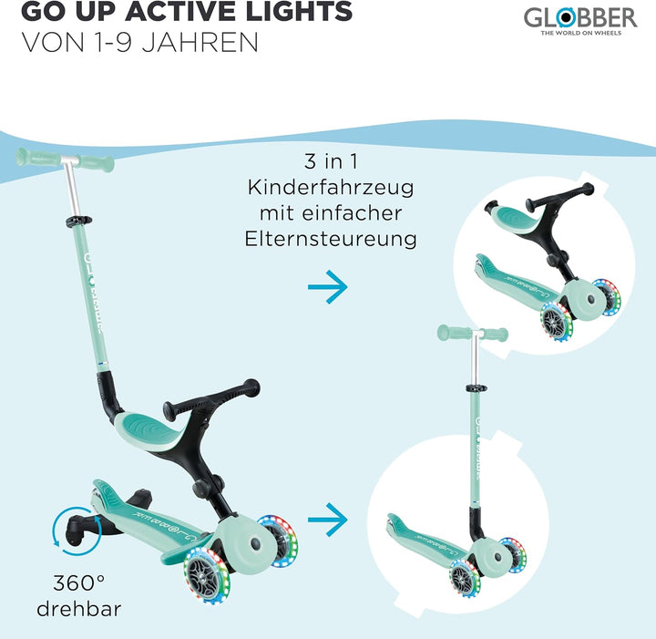 Globber Go Up Active Beleuchtung, 360 Grad, Evolutionärer Roller mit Sitz und Lichtern für Kleinkind