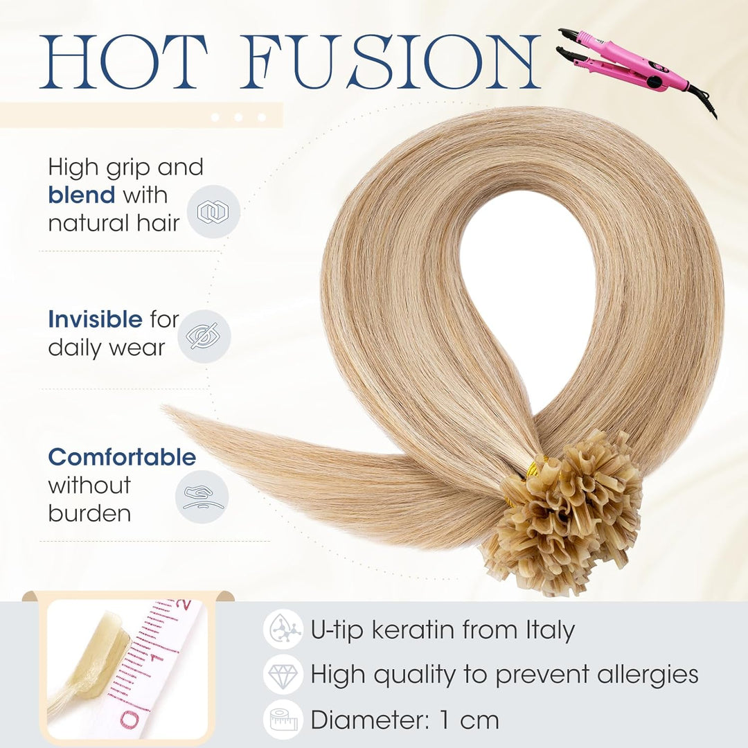 Elailite Extensions Bondings Echthaar 200 Strähne 60cm #12P613 Weissbraun/Hellblond, U Tip Hair Exte