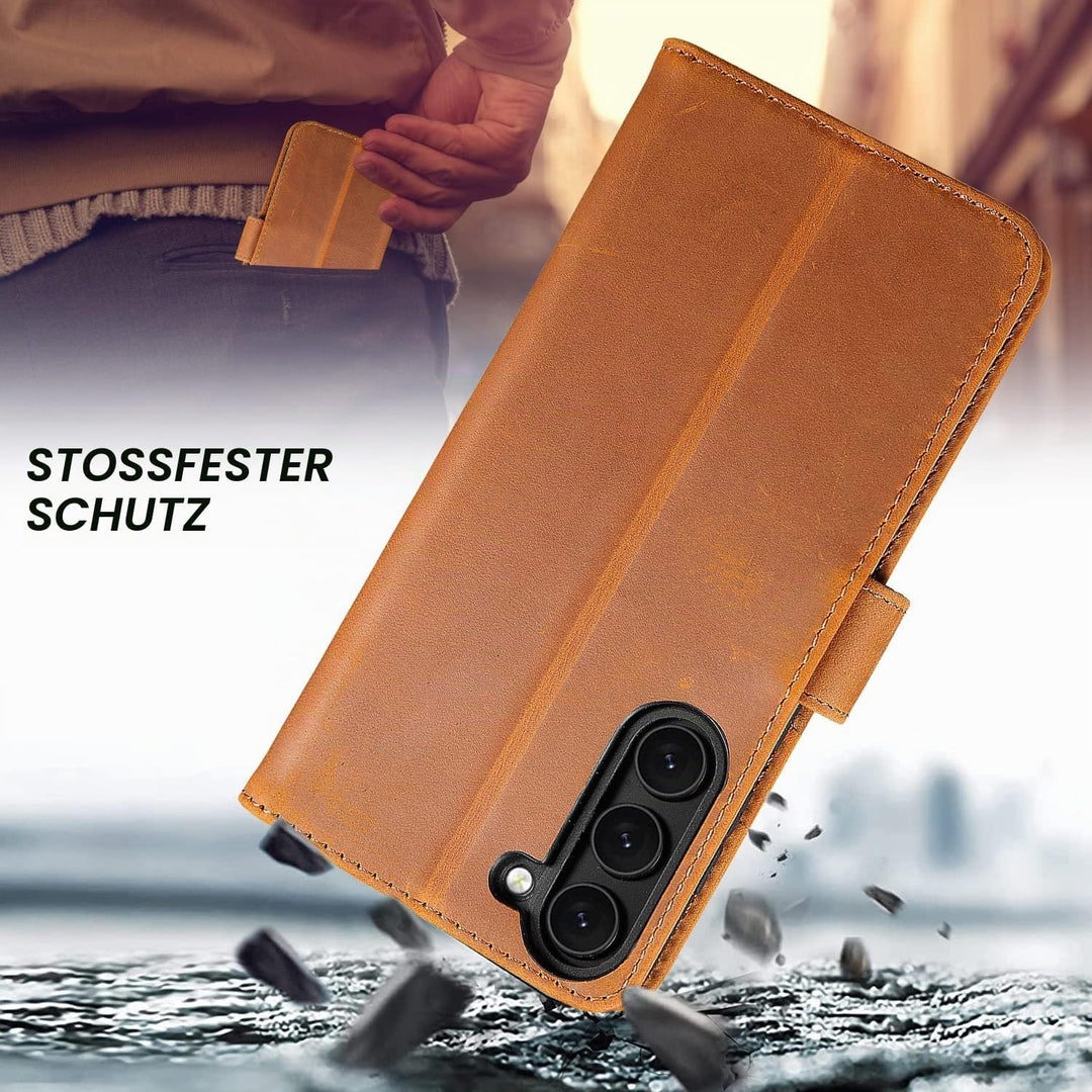 LENSUN Echtleder Hülle für Samsung Galaxy S23 Plus, Handyhülle [Echtes Leder] [Magnetverschluss] [RF