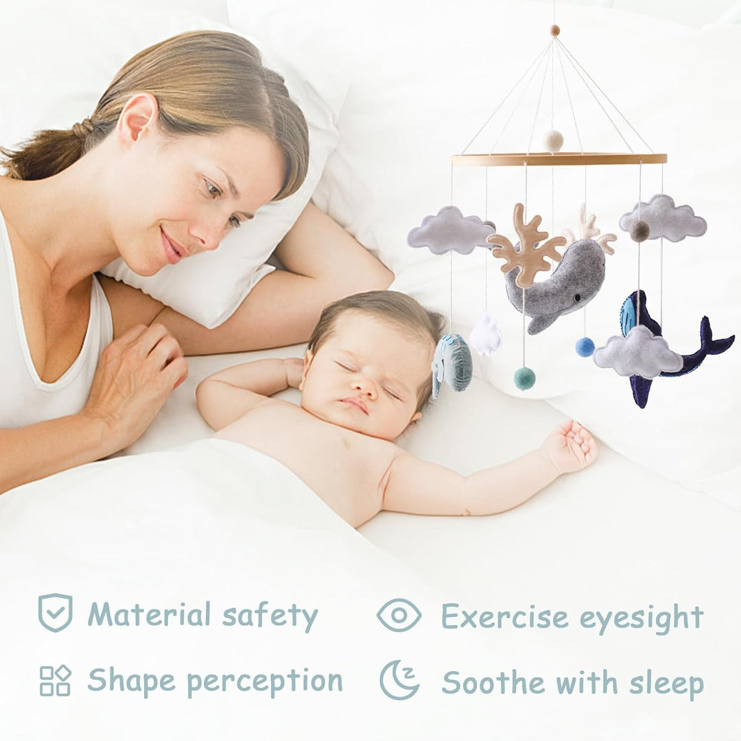 Promise Babe Mobile Baby Meerestiere mit Filzbällen, Babyzimmer Tier Delphine Wale Holz Gehäkelt Mob