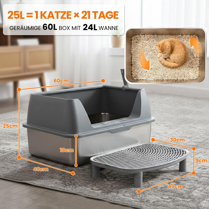 XL Katzenklo Edelstahl 60x40x25 cm mit Schaufel und Pedal, Offen Katzentoilette mit Deckel &amp; Hohem R