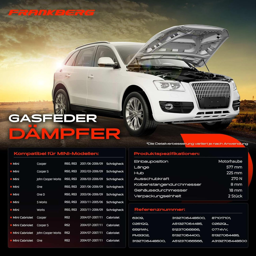 Frankberg 2x Gasfeder Dämpfer Motorhaube Kompatibel mit M.i.n.i R50 R53 Schrägheck 2001-2006 M.i.n.i
