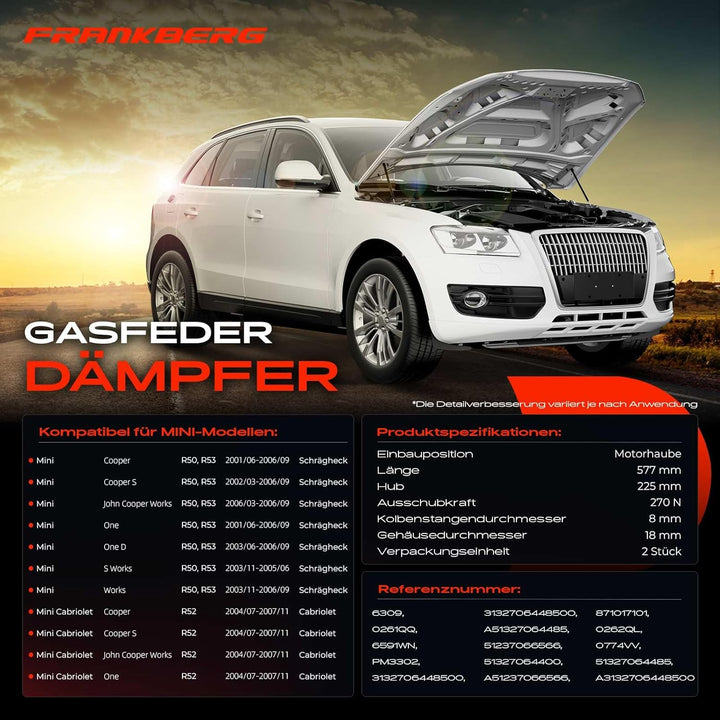 Frankberg 2x Gasfeder Dämpfer Motorhaube Kompatibel mit M.i.n.i R50 R53 Schrägheck 2001-2006 M.i.n.i