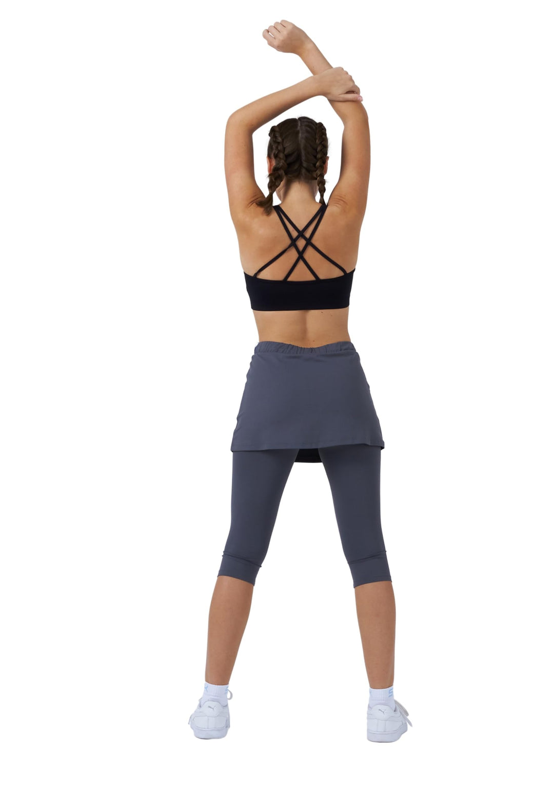 Sportkind Mädchen & Damen 2-in-1 Tennisrock mit Taschen & 3/4 Capri Leggings, Laufrock, Yogahose mit