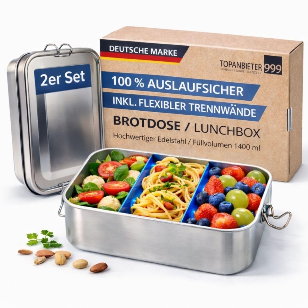 2x Premium Lunchbox 1400 ml aus Edelstahl – auslaufsichere Brotzeitbox mit 2 Trennwand & Dichtung –