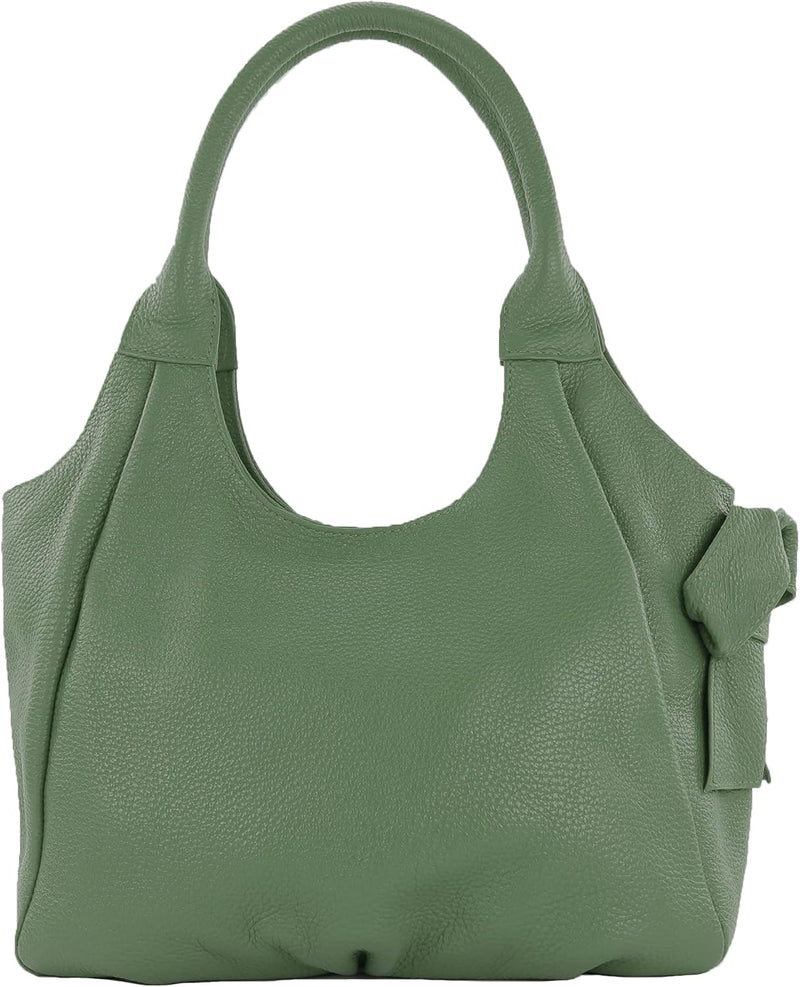 modamoda de - IT28 - ital Damen Schultertasche aus Leder Flaschengrün/Leder, Flaschengrün/Leder