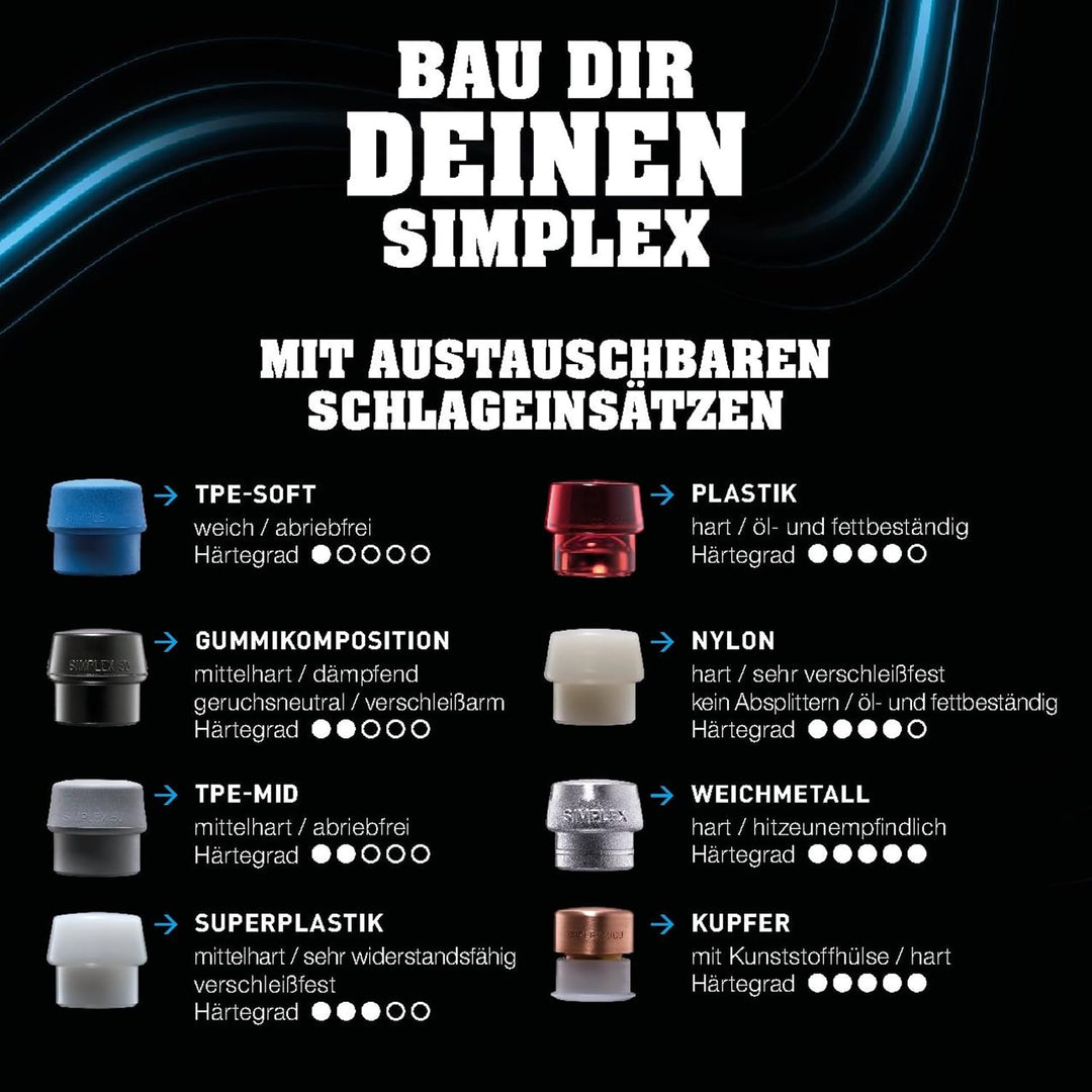 SIMPLEX-Schonhammer, Nylon/Weichmetall; mit verstärktem Tempergussgehäuse und Fiberglasstiel | D=50