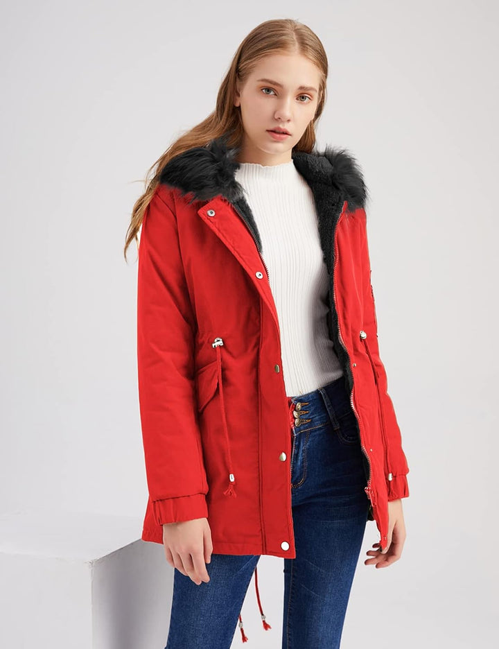 Tuopuda Winterjacke Damen Lang Wintermantel Warm Winter Jacke mit Kapuze Reissverschluss Parka Fleec