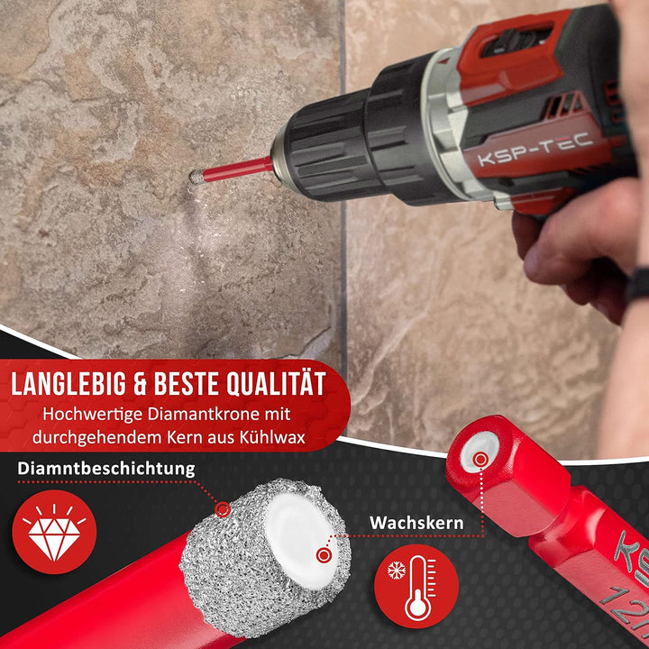 KSP-TEC® | Fliesenbohrer Set - 6,8,10,12mm | zum Bohren von Fliesen, Glas, Marmor, Granit uvm. - Ker