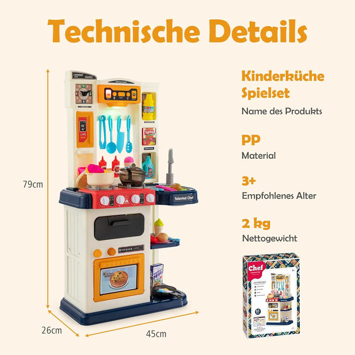 DREAMADE Kinderküche mit 38 TLG. Zubehör, Kinderspielküche mit Spülbecken Wasserhahn Herd Öfen, Spie